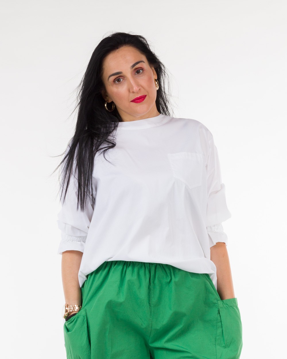 Blouza Asymmetri Me Lasticho Sta Manikia Aspri Bodyform-2