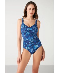 Μπλε Ολόσωμο Μαγιό Σύσφιξης με Floral Μοτίβο