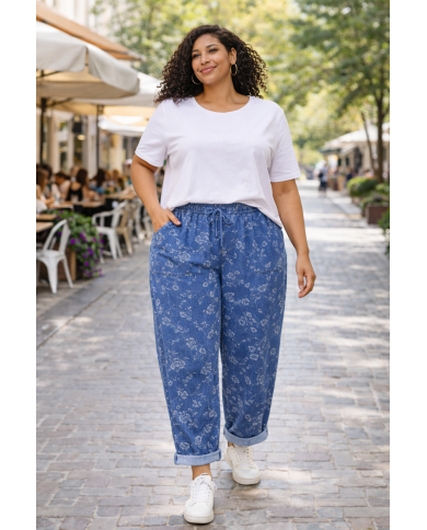 Γυναικείο Άνετο Παντελόνι Φλοράλ Denim με Λάστιχο και Κορδόνι