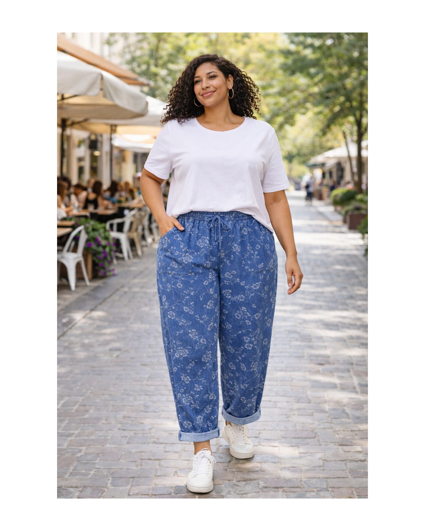 Γυναικείο Άνετο Παντελόνι Φλοράλ Denim με Λάστιχο και Κορδόνι