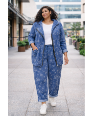 Γυναικείο Άνετο Παντελόνι Φλοράλ Denim με Λάστιχο και Κορδόνι