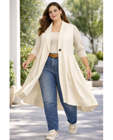 Μακρύ Αμάνικο Γιλέκο με Γιακά και Ασύμμετρο Τελείωμα