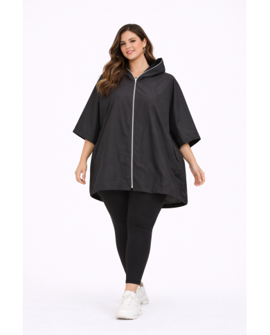 Μαύρο Ελαφρύ Μπουφάν Α Γραμμής με Κουκούλα και Μεταλλικό Φερμουάρ