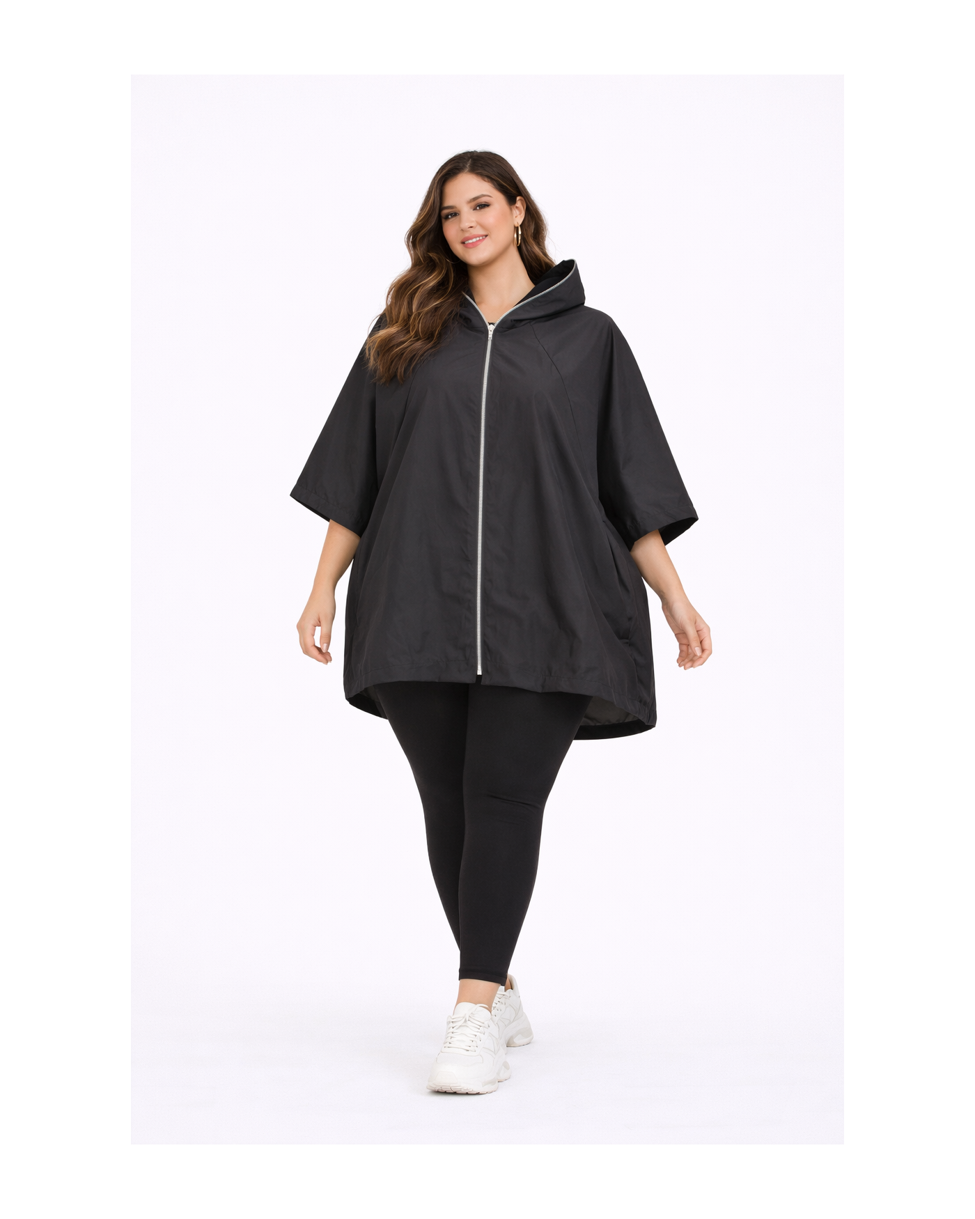 Μαύρο Ελαφρύ Μπουφάν Α Γραμμής με Κουκούλα και Μεταλλικό Φερμουάρ