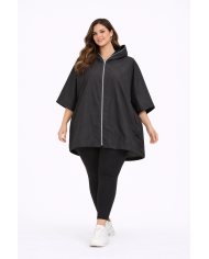 Μαύρο Ελαφρύ Μπουφάν Α Γραμμής με Κουκούλα και Μεταλλικό Φερμουάρ