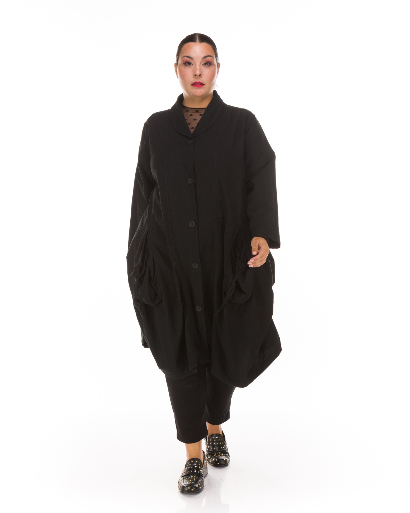 Βαμβακερό Μαύρο Πανωφόρι με Designer Τσέπες