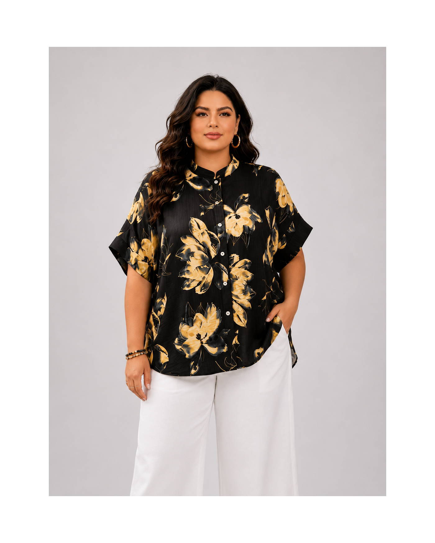 Εμπριμέ Πουκαμίσα με Floral Print & Mandarin Γιακά